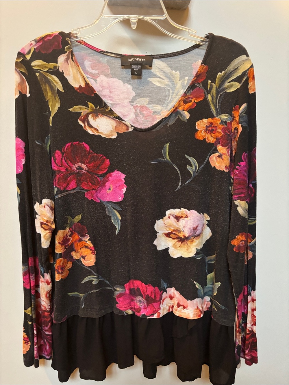 Karen Kane Black Floral V-Neck Long Sleeve Top with Pink and Cream Blooms